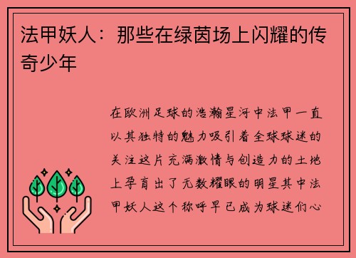 法甲妖人：那些在绿茵场上闪耀的传奇少年